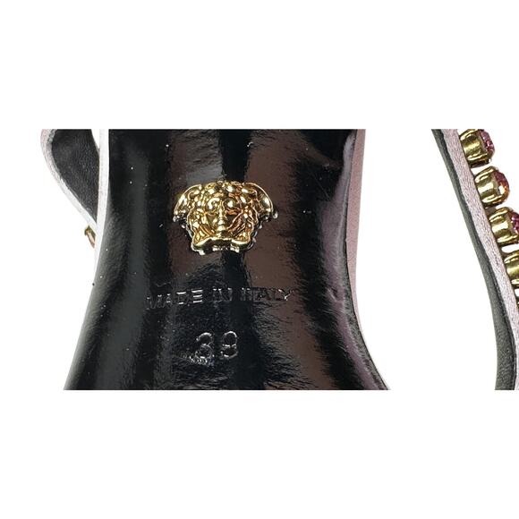 Versace NIB Medusa Pink Satin Crystal Rhinestone Square Toe Mules Heels Sandals - Picture 5 of 8